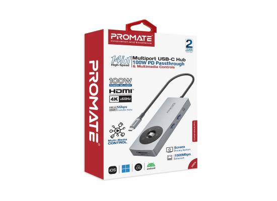 Promate ComandHub-Pro 14-in-1 Highspeed Multiport USB-C Hub with 100W PD Passthrough & Multimedia Controls